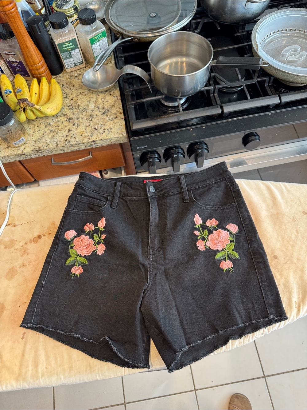 Guess Black Jean Shorts with Pink Rose Embroidery